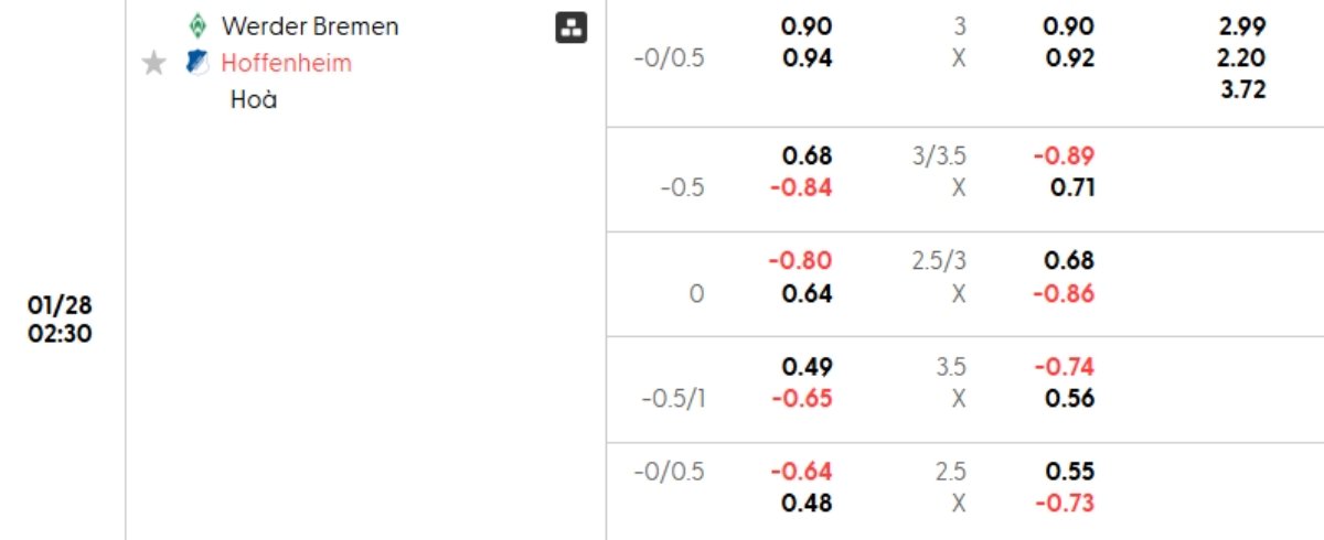 Tỷ lệ kèo Bremen vs Hoffenheim
