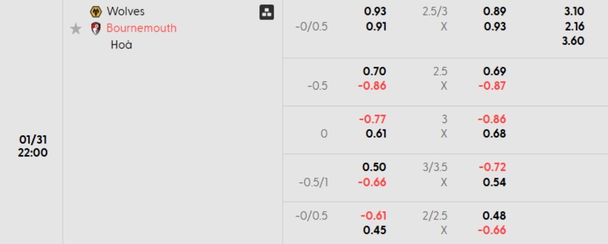 Soi kèo Wolves vs Bournemouth ngày 31/01 | Ngoại hạng Anh 1 Tỷ lệ kèo Wolves vs Bournemouth