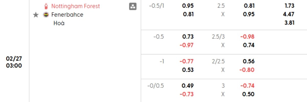 Soi kèo Nottingham vs Fenerbahce ngày 27/02 | Europa League 1 Tỷ lệ kèo Nottingham vs Fenerbahce